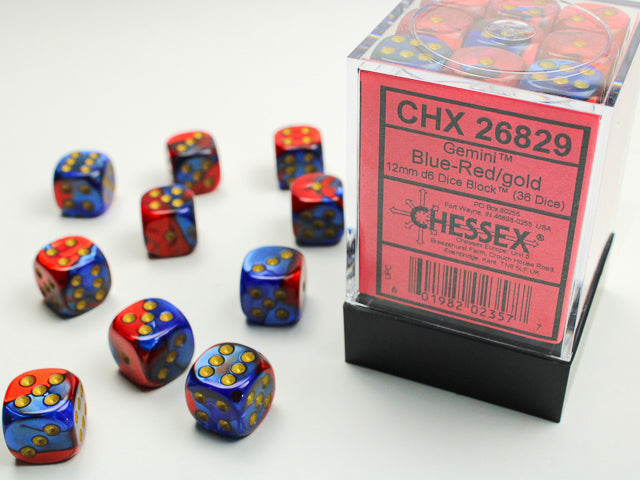 Chessex - Gemini Blue-Red/gold 12mm d6 Dice Block (36 dice)