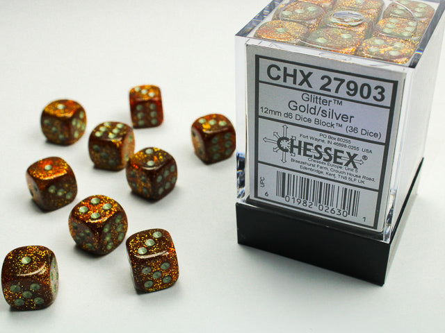 Glitter Gold/silver 12mm d6 Dice Block (36 dice)