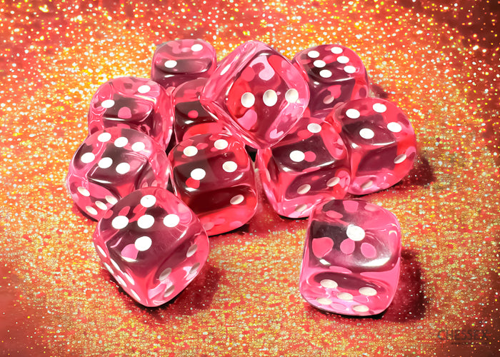 Translucent Pink/white 16mm d6 Dice Block (12 dice)