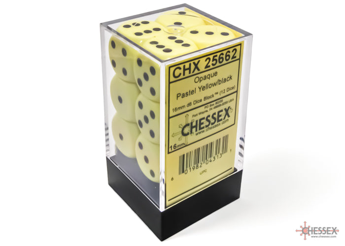 Chessex: Opaque Pastel Yellow/black 16mm d6 Dice Block (12 dice)