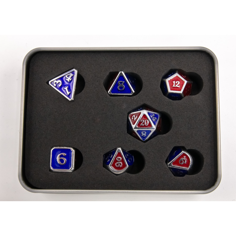 Set of 7 Metal Polyhedral Dice with Silver Numbers - Blue/Red Scales