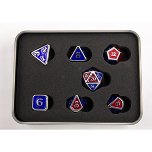 Set of 7 Metal Polyhedral Dice with Silver Numbers - Blue/Red Scales