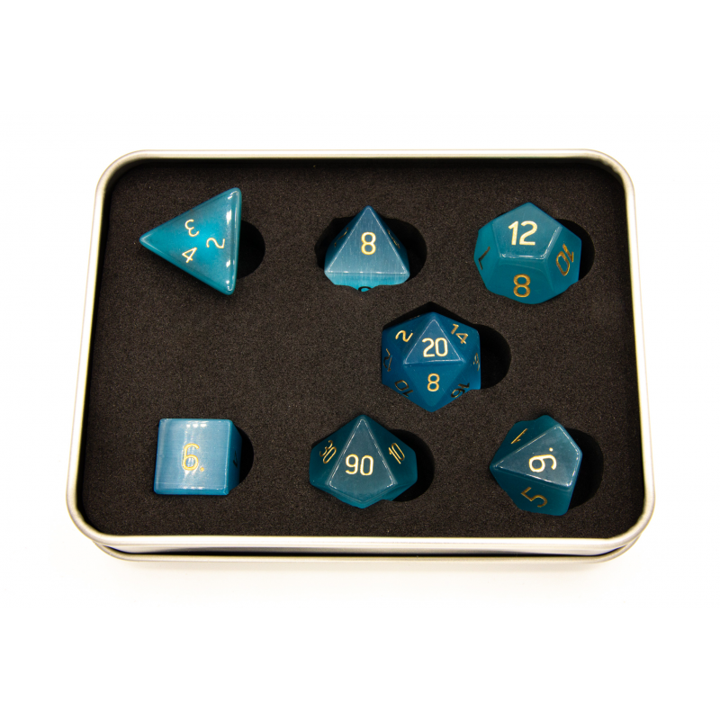 Set of 7 Gemstone Polyhedral Dice with Gold Numbers - Cymophanite Sea Blue