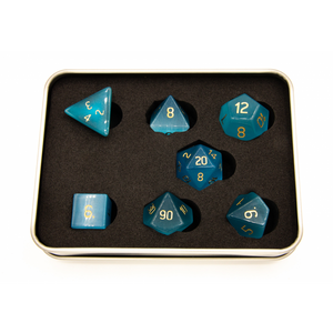 Set of 7 Gemstone Polyhedral Dice with Gold Numbers - Cymophanite Sea Blue