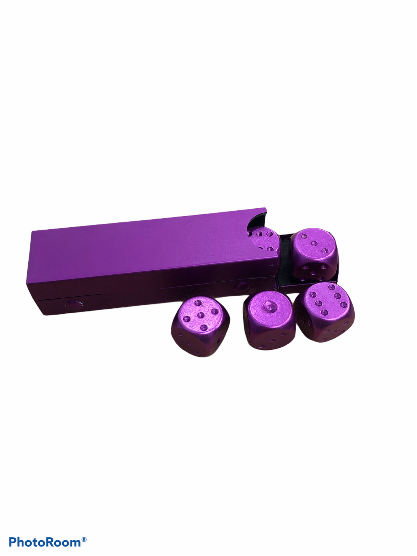 Set of 5 Metal D6 Pipped and in a Metal Container - Purple
