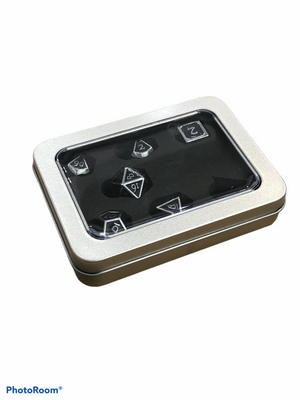 Set of 7 Metal Polyhedral Dice with Silver Numbers - Black Shadow