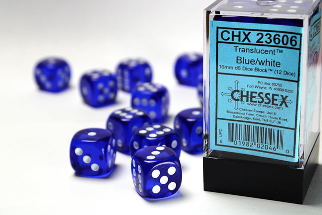Chessex Translucent 16mm d6 Blue/white Dice Block™ (12 dice)