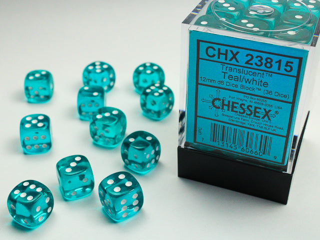 Chessex Translucent 12mm d6 Teal/white Dice Block™ (36 dice)