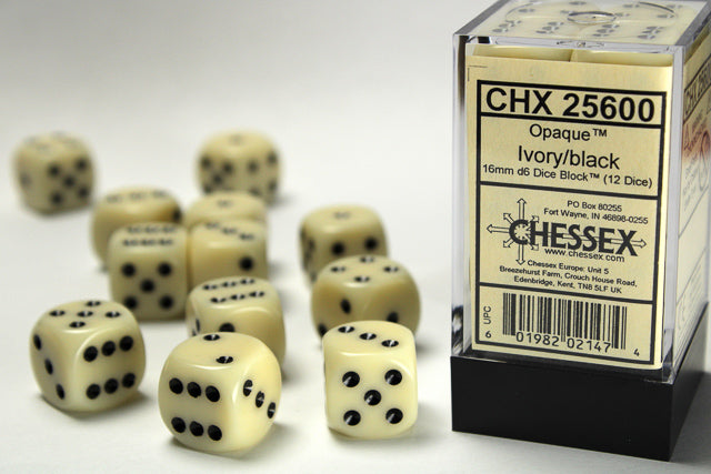 Chessex Opaque 16mm d6 Ivory/black Dice Block™ (12 dice)