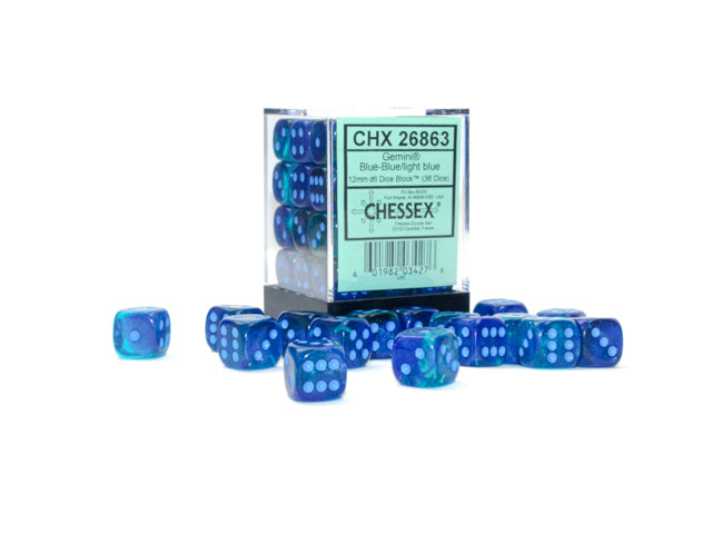 Chessex - Gemini® 12mm d6 Blue-Blue/light blue Luminary™ Dice Block™ (36 dice)