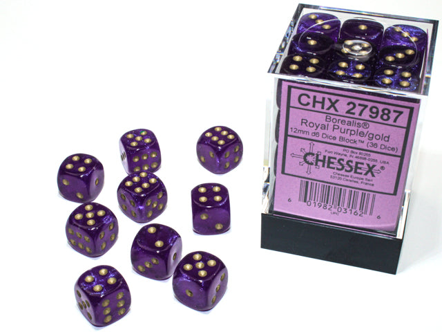 Chessex Dice - Borealis® 12mm d6 Royal Purple/gold Luminary™ Dice Block™ (36 dice)