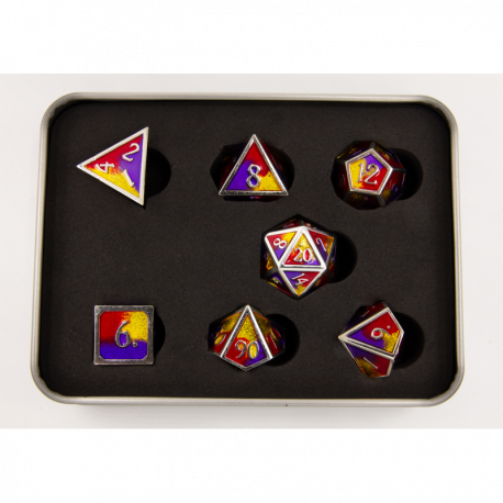 Critical Hit Collectibles: Purple/Red/Yellow Set of 7 Metal Polyhedral Dice with Silver Numbers for D20 based RPG's