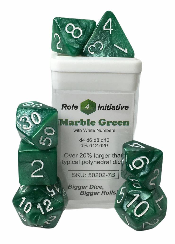 Set of 7 Dice: Marble Green w/ White Numbers