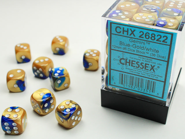 Chessex - Gemini Blue-Gold/white 12mm d6 Dice Block (36 dice)