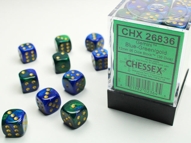Chessex - Gemini Blue-Green/gold 12mm d6 Dice Block (36 dice)