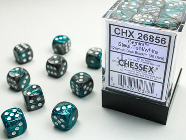 Gemini Steel-Teal/white 12mm d6 Dice Block (36 dice)