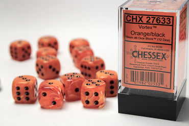 Vortex Orange/black 16mm d6 Dice Block (12 dice)