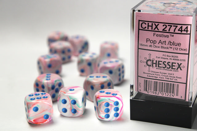 Festive Pop Art/blue 16mm d6 Dice Block (12 dice)