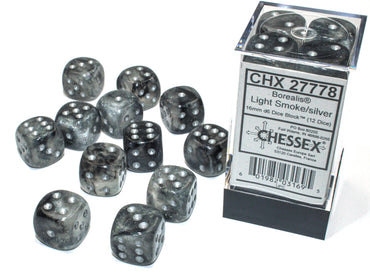 Borealis Light Smoke/silver Luminary 16mm d6 Dice Block (12 dice)