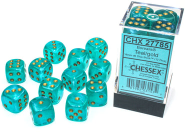 Borealis Teal/gold Luminary 16mm d6 Dice Block (12 dice)