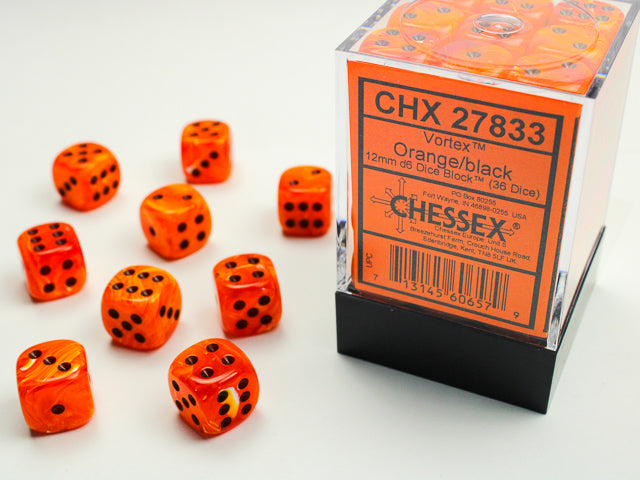 Chessex - Vortex Orange/black 12mm d6 Dice Block (36 dice)