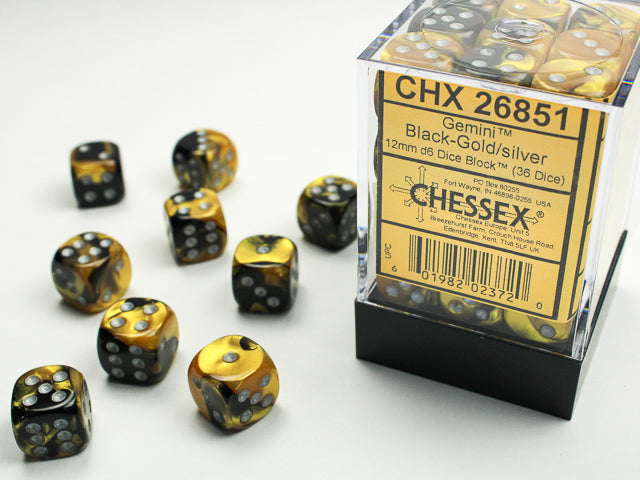 Chessex - Gemini Black-Gold/silver 12mm d6 Dice Block (36 dice)
