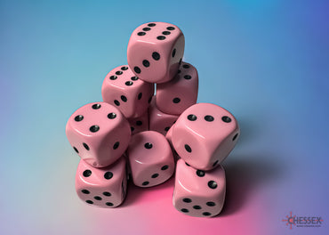 Opaque Pastel Pink/black 16mm d6 Dice Block (12 dice)