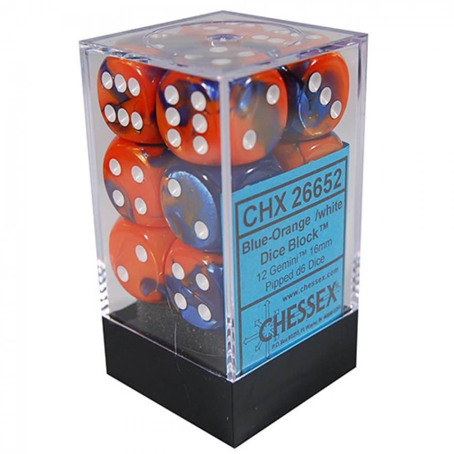 Gemini Blue-Orange/White 16mm d6 Dice Block (12 dice)