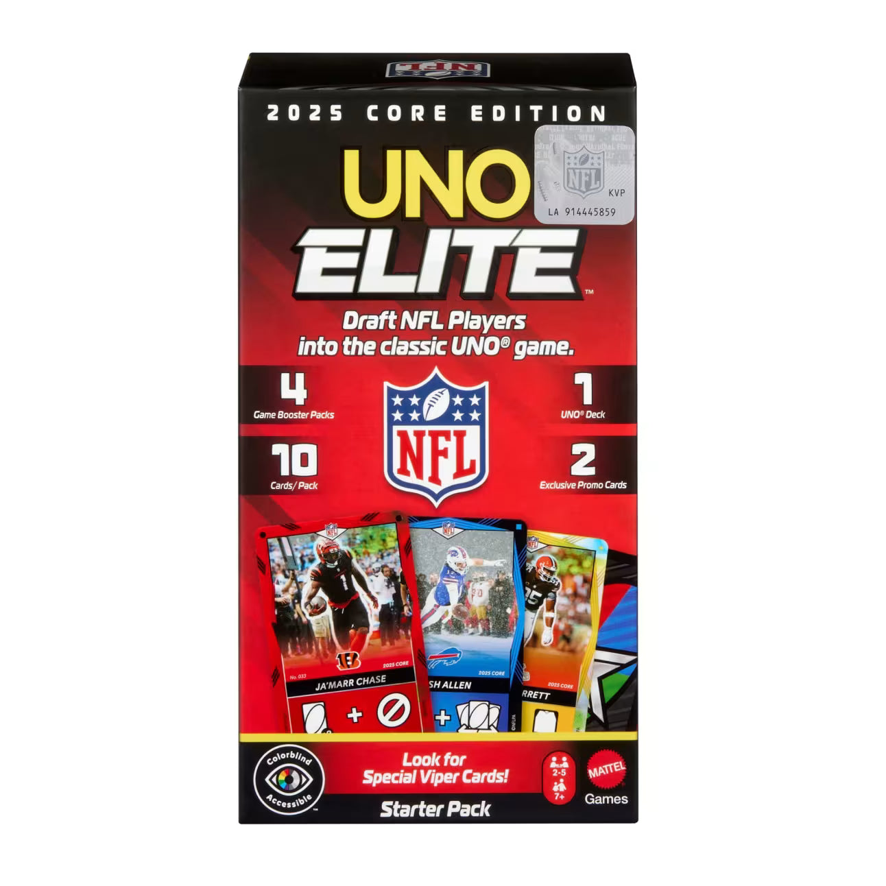 UNO Elite NFL Card Game 2025 Core Edition Starter Set With Deck, 4 Game Booster Packs & 2 Promo Cards