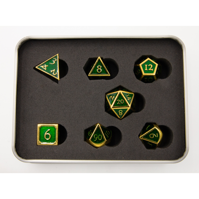 Critical Hit Collectibles: Dark Green Shadow Set of 7 Metal Polyhedral Dice with Gold Numbers