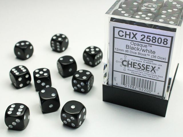 Opaque 12mm d6 Black/white Dice Block™ (36 dice)