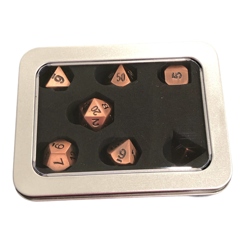 Set of 7 Metal Polyhedral Dice with Copper Numbers - Burnished Copper