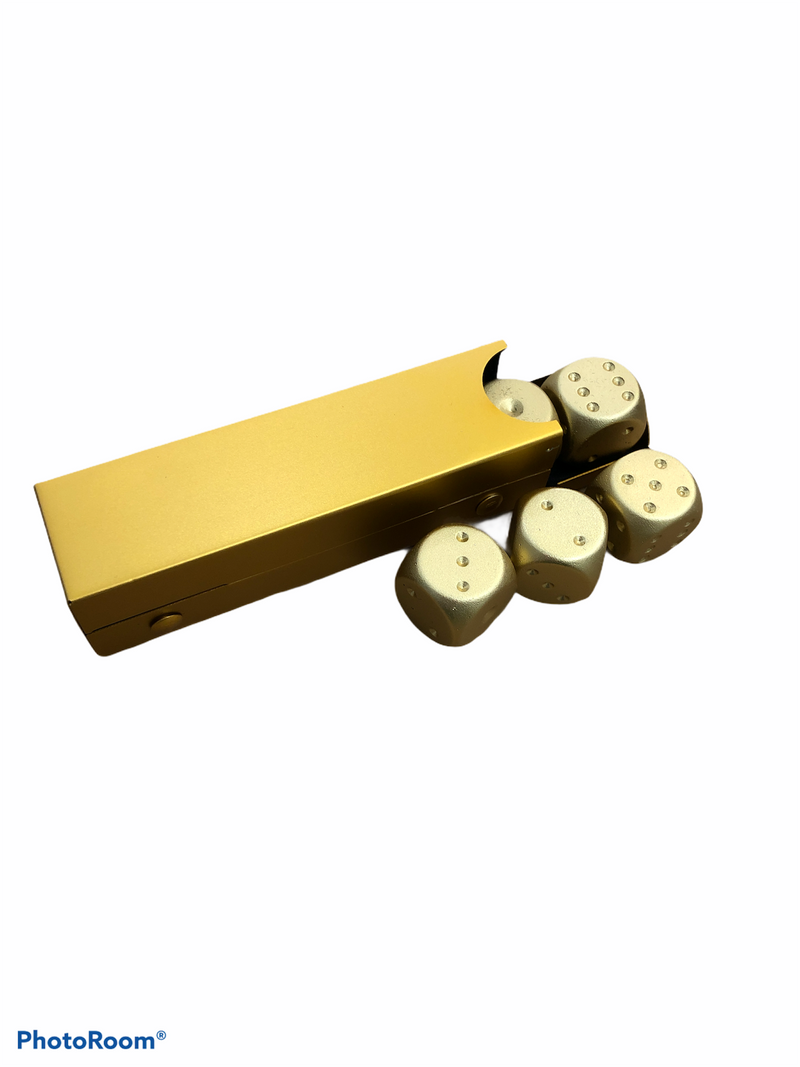 Set of 5 Metal D6 Pipped and in a Metal Container - Gold