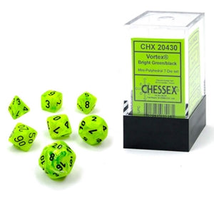Chessex Mini Dice Set: Vortex Bright Green/Black Polyhedral 7-Die set