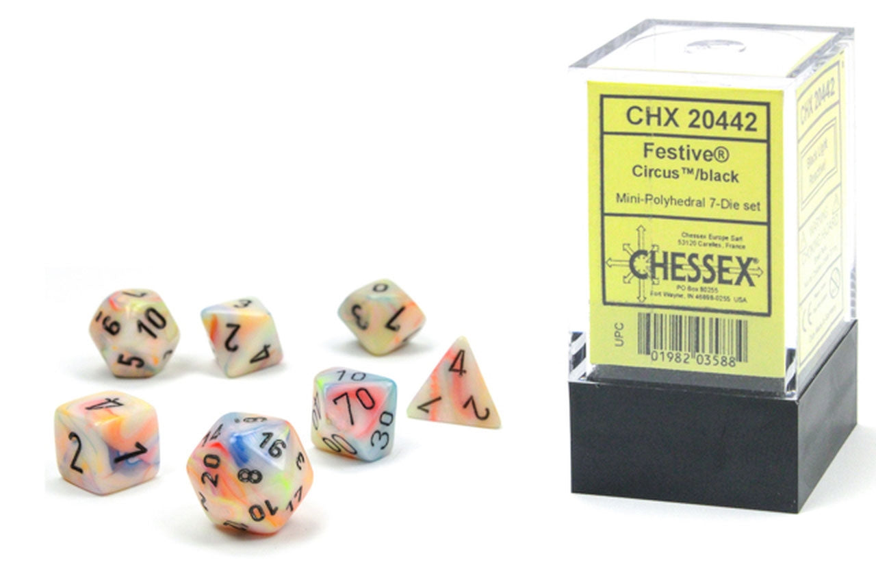 Chessex Mini Dice Set: Festive Circus/Black Polyhedral 7-Die set