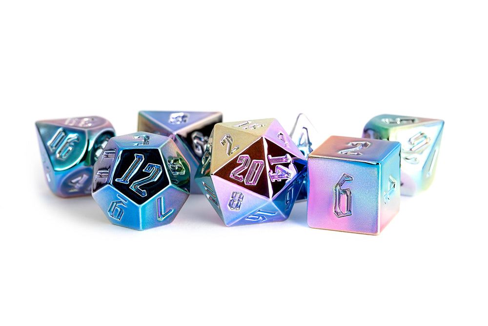 Metallic Dice Games - Rainbow Aegis w/ White Numbers 16mm Aluminum Plated Acrylic Poly Dice Set