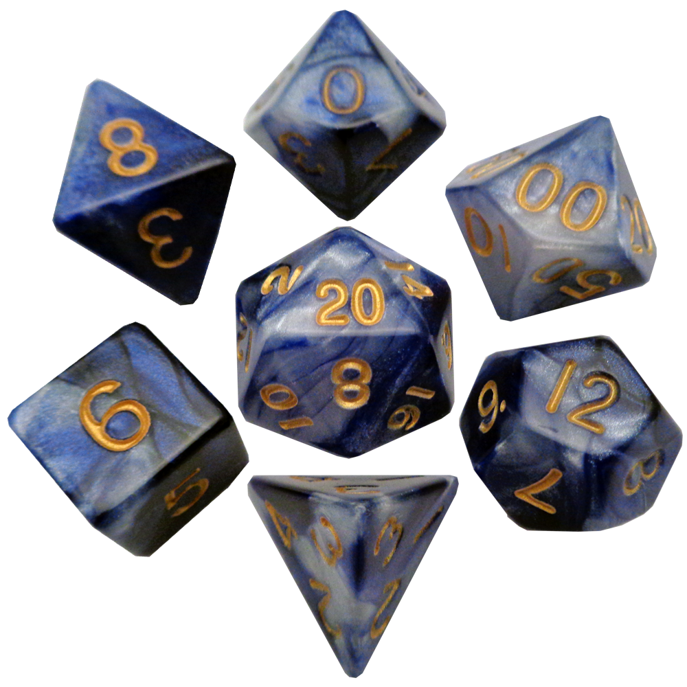 Blue/White with Gold Numbers 16mm Polyhedral Dice Set
