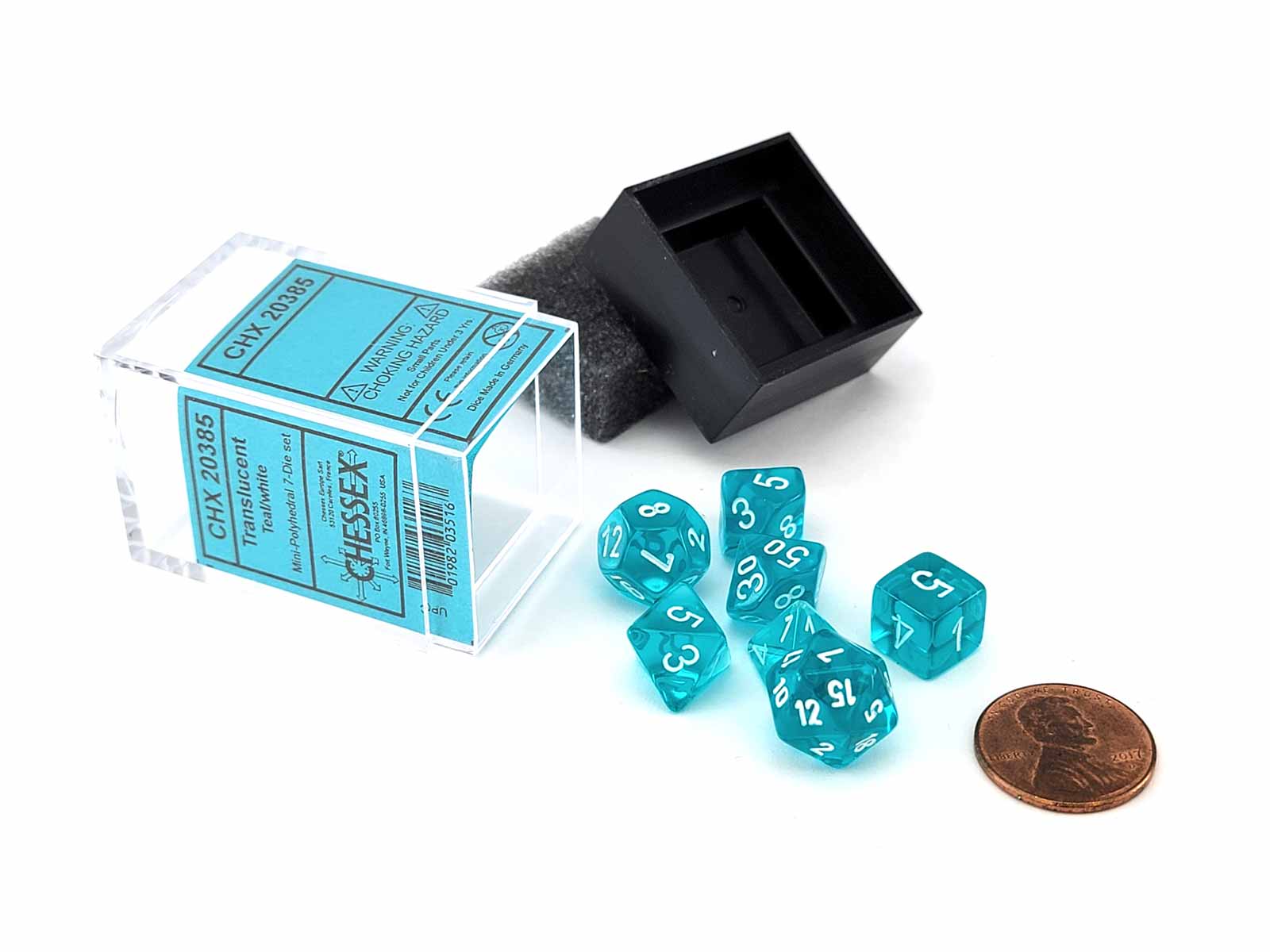 Chessex Mini Dice Set: Translucent Teal/White Polyhedral 7-Die set