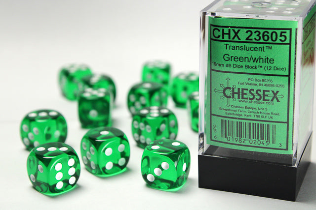 Chessex Translucent 16mm d6 Green/white Dice Block™ (12 dice)