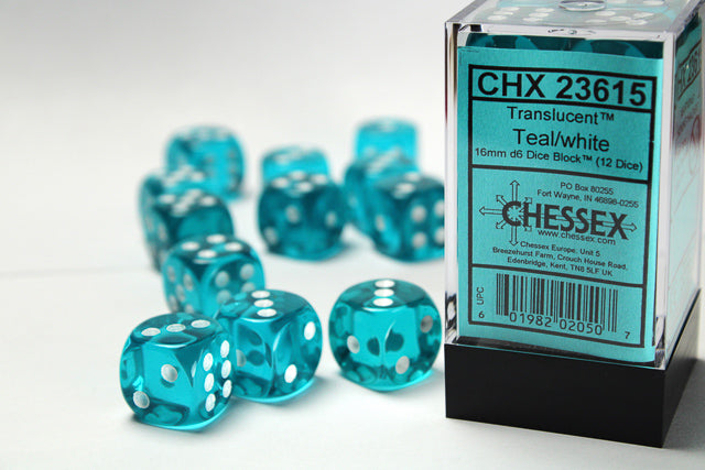 Chessex Translucent 16mm d6 Teal/white Dice Block™ (12 dice)