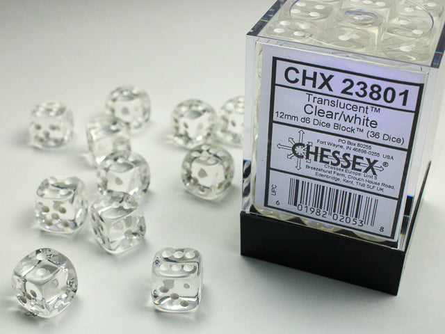 Chessex - Translucent 12mm d6 Clear/white Dice Block™ (36 dice)