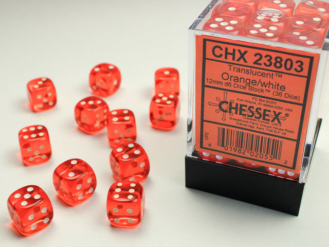 Chessex - Translucent 12mm d6 Orange/white Dice Block™ (36 dice)