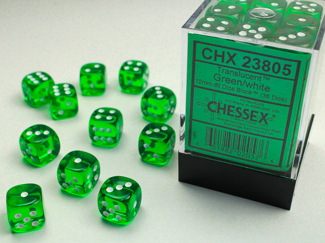 Chessex Translucent 12mm d6 Green/white Dice Block™ (36 dice)