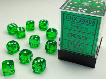 Chessex Translucent 12mm d6 Green/white Dice Block™ (36 dice)