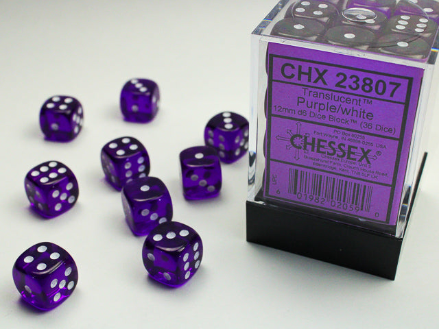 Chessex Translucent 12mm d6 Purple/white Dice Block™ (36 dice)
