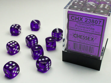 Chessex Translucent 12mm d6 Purple/white Dice Block™ (36 dice)