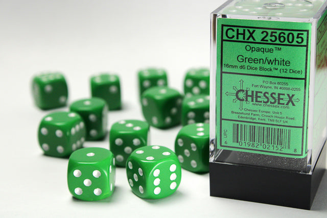 Chessex Opaque 16mm d6 Green/white Dice Block™ (12 dice)