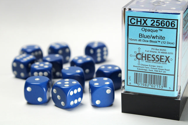 Chessex Opaque 16mm d6 Blue/white Dice Block™ (12 dice)