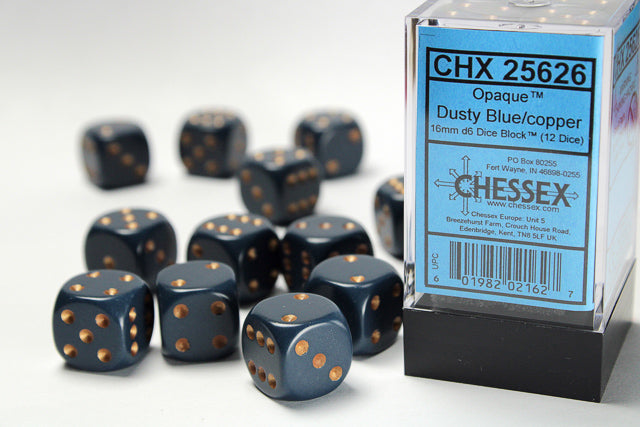 Chessex Opaque 16mm d6 Dusty Blue/copper Dice Block™ (12 dice)