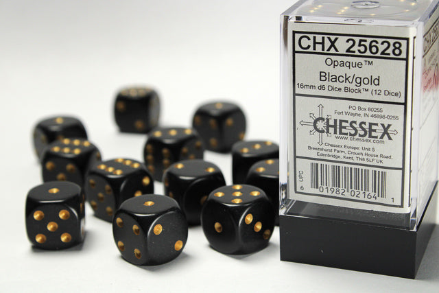 Chessex Opaque 16mm d6 Black/gold Dice Block™ (12 dice)